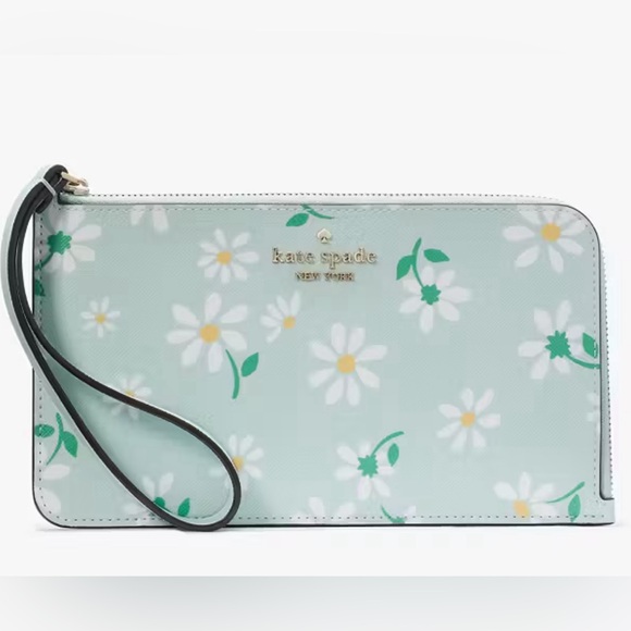 Kate Spade Lucy Day Tripper Daisy Medium L-Zip Wristlet Green White